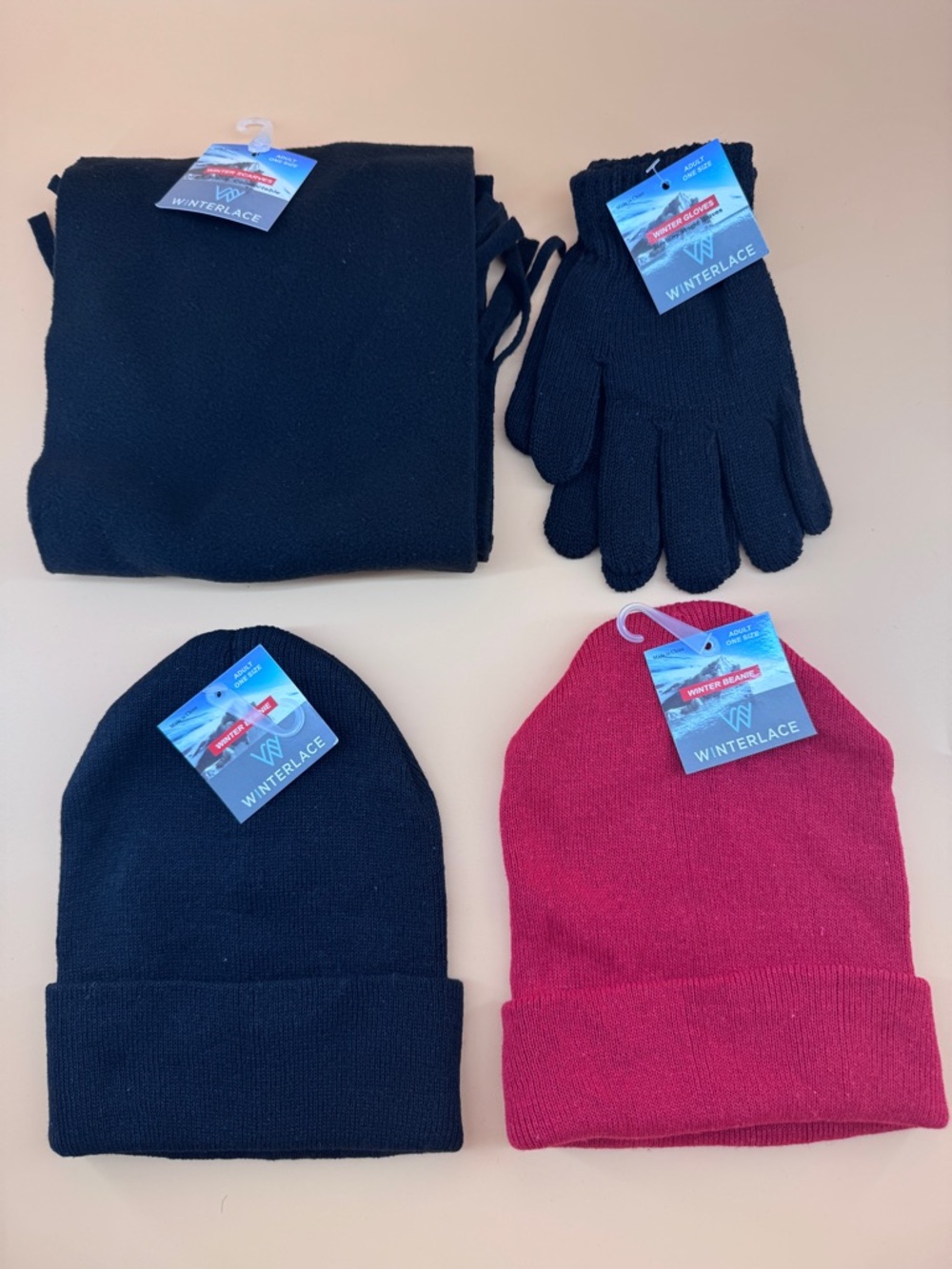 Lot of 4- Winterplace Beanie, Gloves & Scarf Adult One Size Black Red